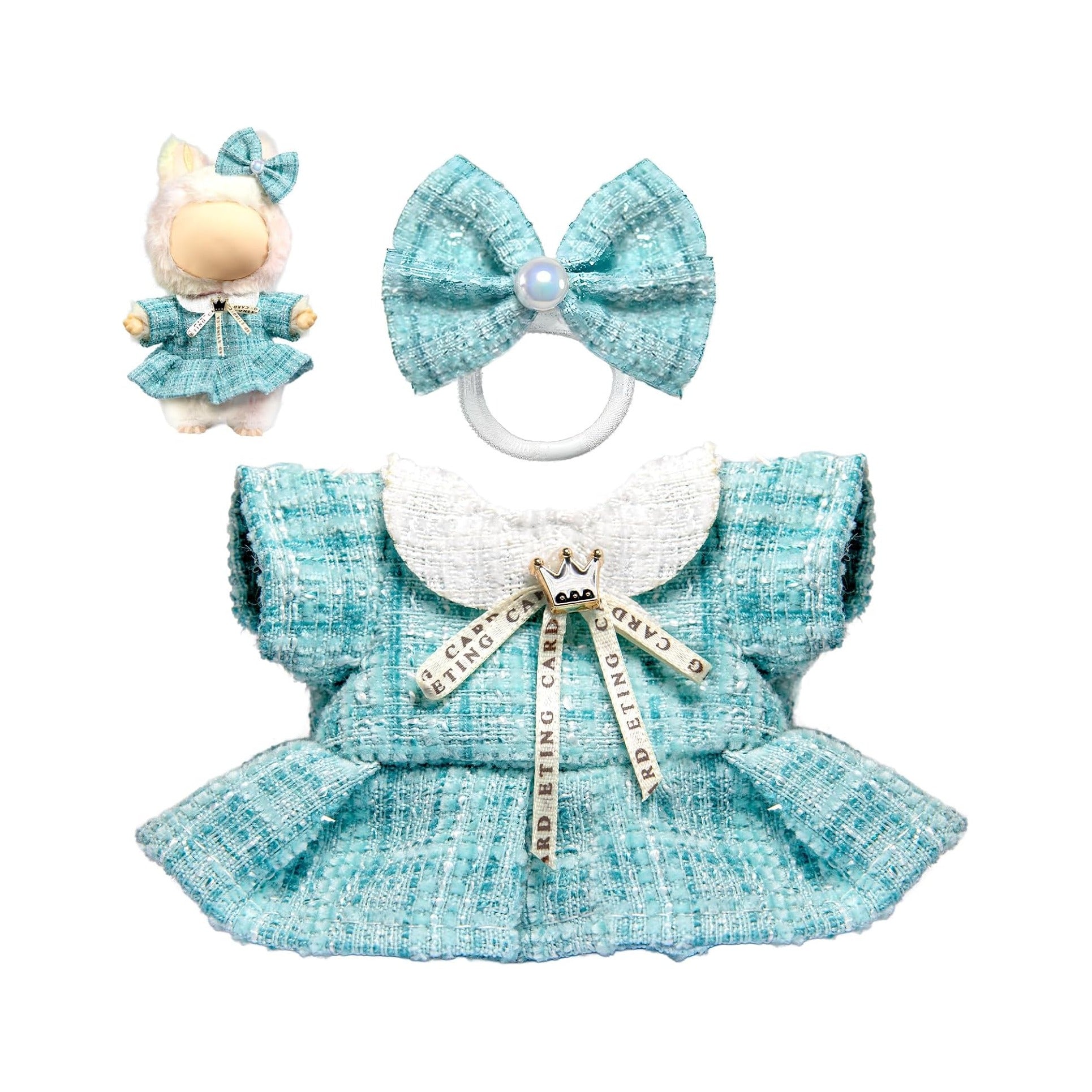 Clothes for LABUBU Doll (NO Doll), Luxury Chic Style 2-Piece Accessories for LABUBU 17cm Dolls, Premium Fashion Outfits for LABUBU - Bow Headdress + Plaid Tweed Dress