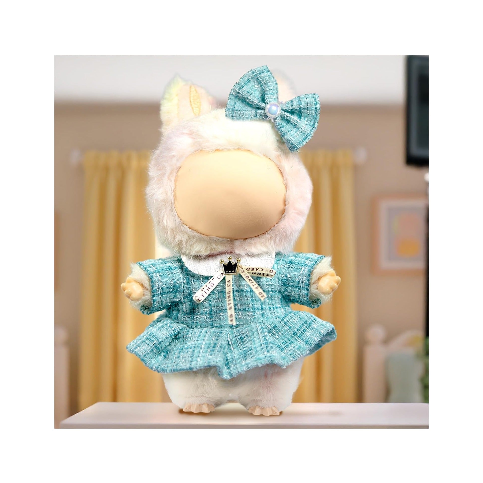 Clothes for LABUBU Doll (NO Doll), Luxury Chic Style 2-Piece Accessories for LABUBU 17cm Dolls, Premium Fashion Outfits for LABUBU - Bow Headdress + Plaid Tweed Dress
