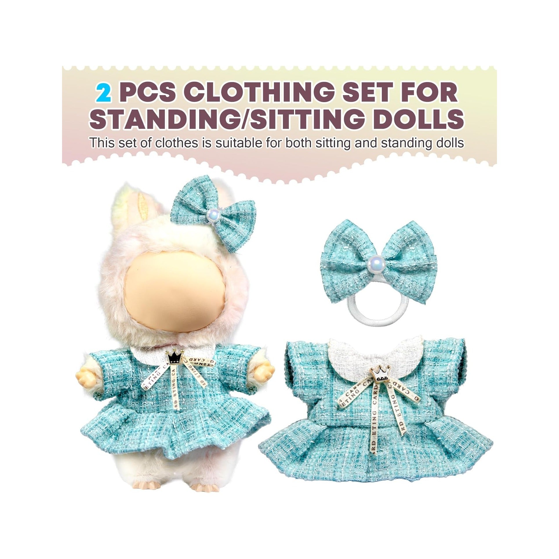 Clothes for LABUBU Doll (NO Doll), Luxury Chic Style 2-Piece Accessories for LABUBU 17cm Dolls, Premium Fashion Outfits for LABUBU - Bow Headdress + Plaid Tweed Dress