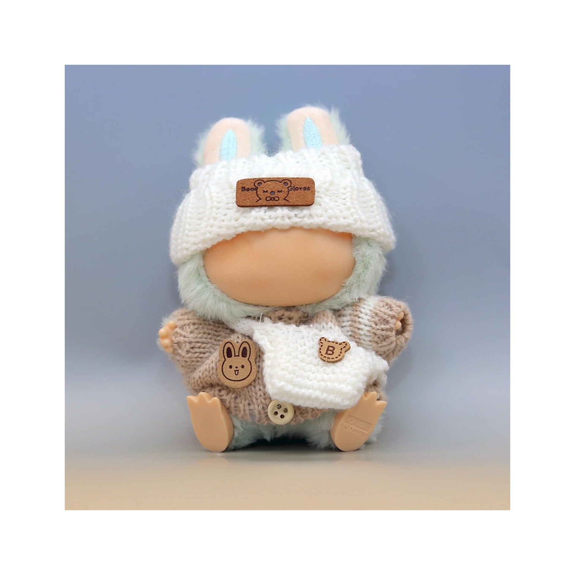 Clothes for LABUBU Doll (NO Doll), Handcrafted Crochet 3-Piece Accessories for LABUBU 17cm Dolls, Premium Outfit - Bunny Sweater + Hat + Bag, Cute Clothes for Dress up Unique Style (Beige)