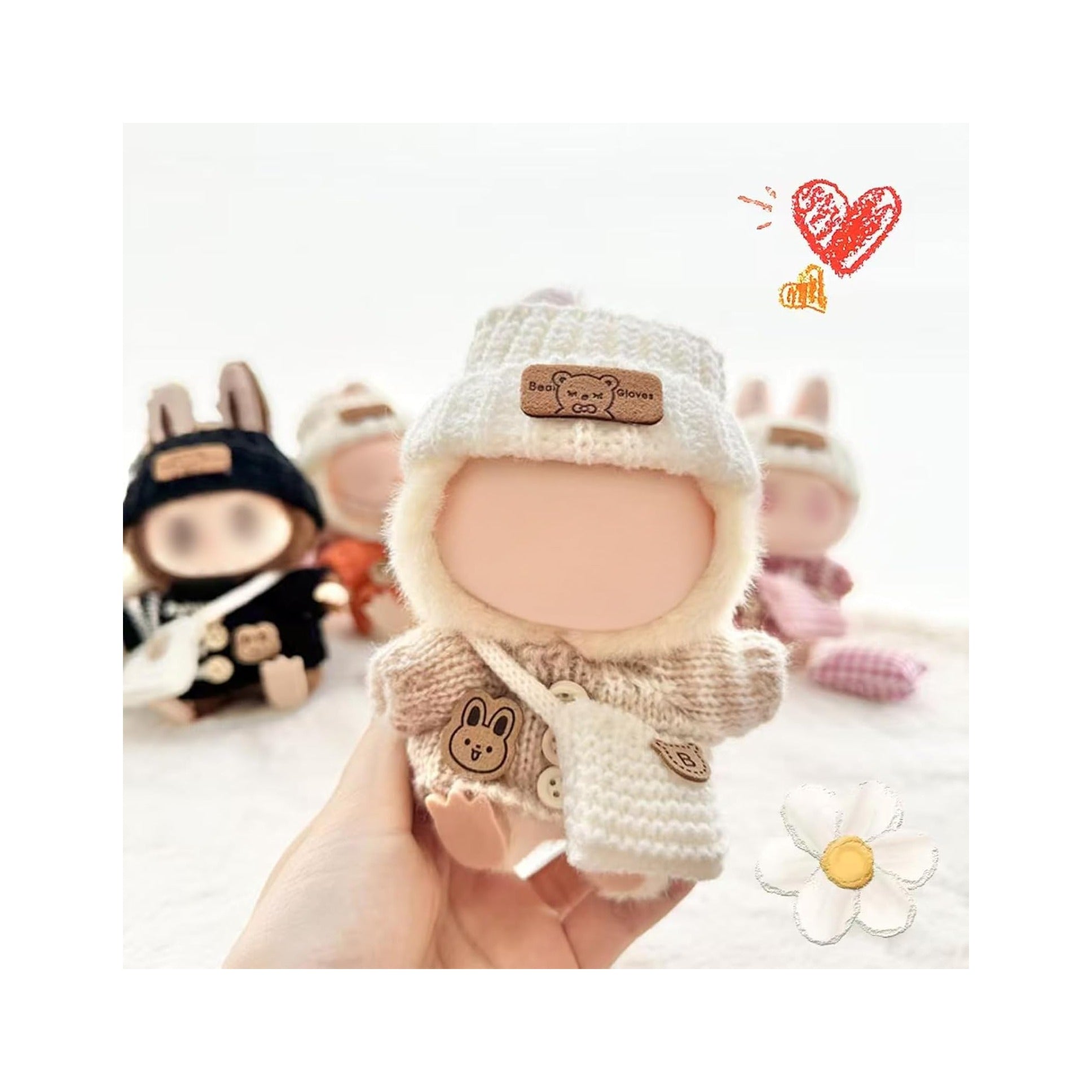 Clothes for LABUBU Doll (NO Doll), Handcrafted Crochet 3-Piece Accessories for LABUBU 17cm Dolls, Premium Outfit - Bunny Sweater + Hat + Bag, Cute Clothes for Dress up Unique Style (Beige)