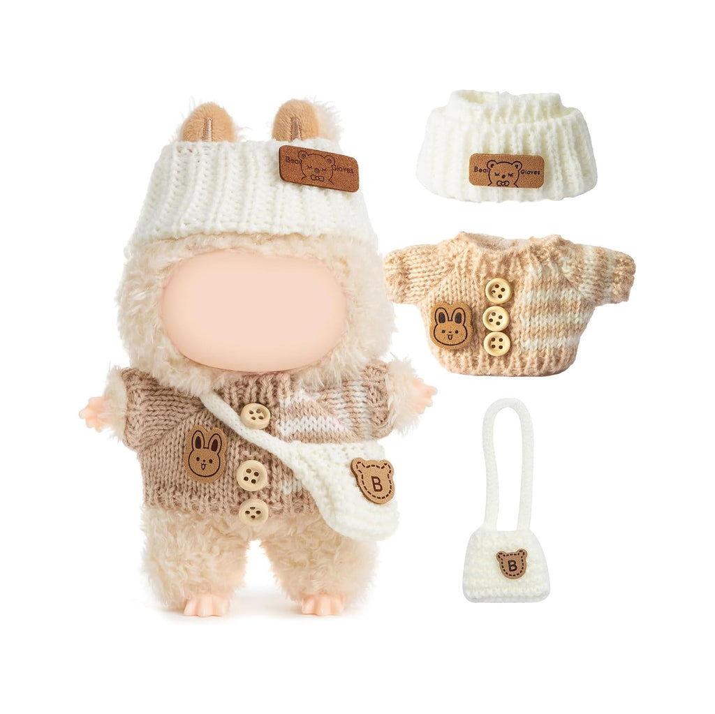 Clothes for LABUBU Doll (NO Doll), Handcrafted Crochet 3-Piece Accessories for LABUBU 17cm Dolls, Premium Outfit - Bunny Sweater + Hat + Bag, Cute Clothes for Dress up Unique Style (Beige)
