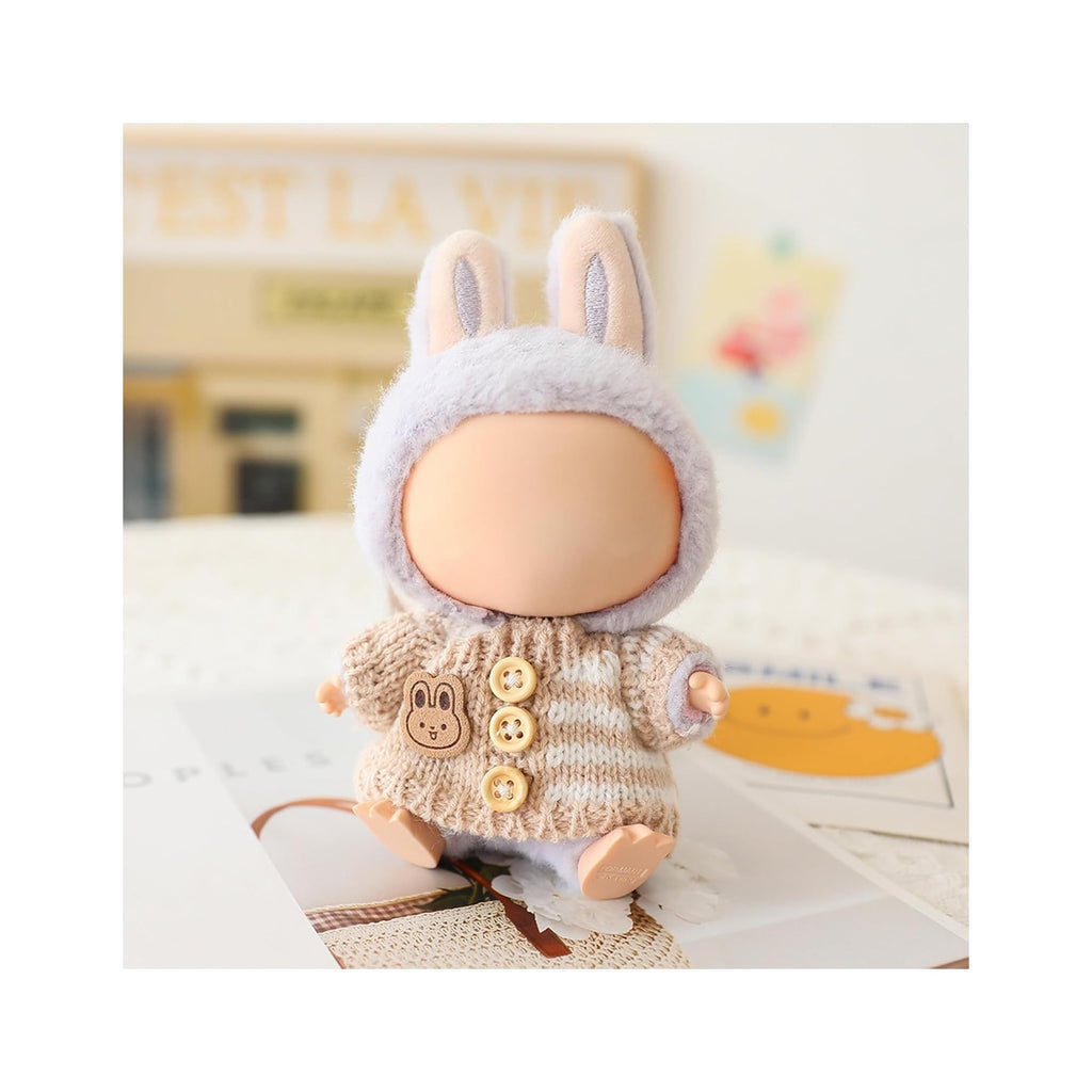 Clothes for LABUBU Doll (NO Doll), Handcrafted Crochet 3-Piece Accessories for LABUBU 17cm Dolls, Premium Outfit - Bunny Sweater + Hat + Bag, Cute Clothes for Dress up Unique Style (Beige)