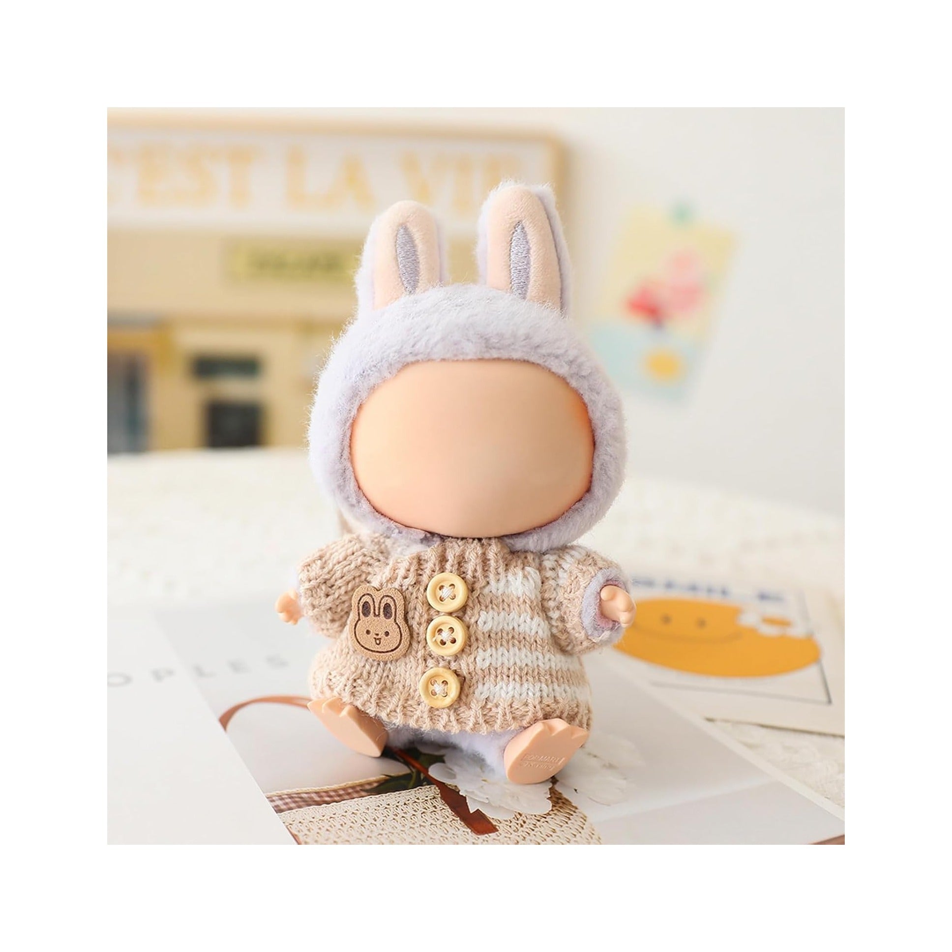 Clothes for LABUBU Doll (NO Doll), Handcrafted Crochet 3-Piece Accessories for LABUBU 17cm Dolls, Premium Outfit - Bunny Sweater + Hat + Bag, Cute Clothes for Dress up Unique Style (Beige)