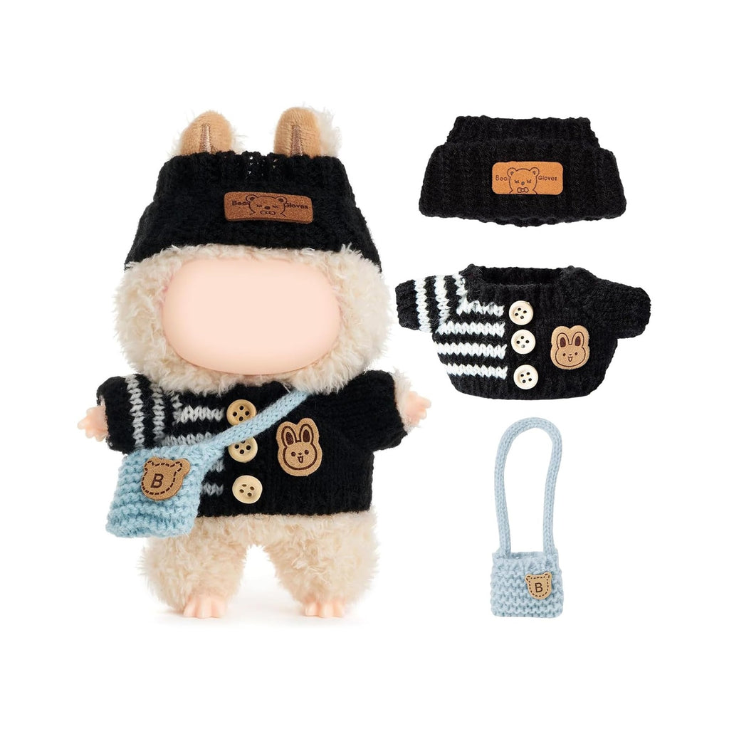 Clothes for LABUBU Doll (NO Doll), Handcrafted Crochet 3-Piece Accessories for LABUBU 17cm Dolls, Premium Outfit - Bunny Sweater + Hat + Bag, Cute Clothes for Dress up Unique Style