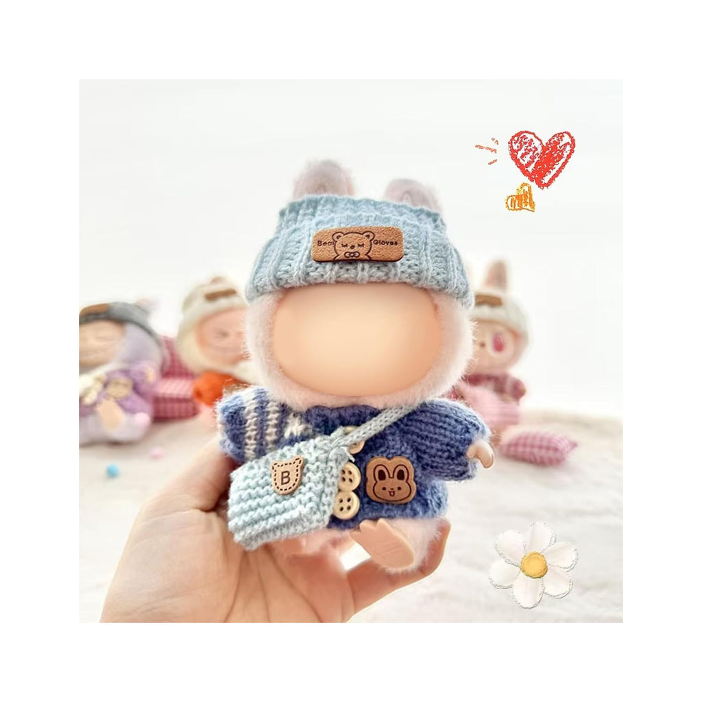 Clothes for LABUBU Doll (NO Doll), Handcrafted Crochet 3-Piece Accessories for LABUBU 17cm Dolls, Premium Outfit - Bunny Sweater + Hat + Bag, Cute Clothes for Dress up Unique Style