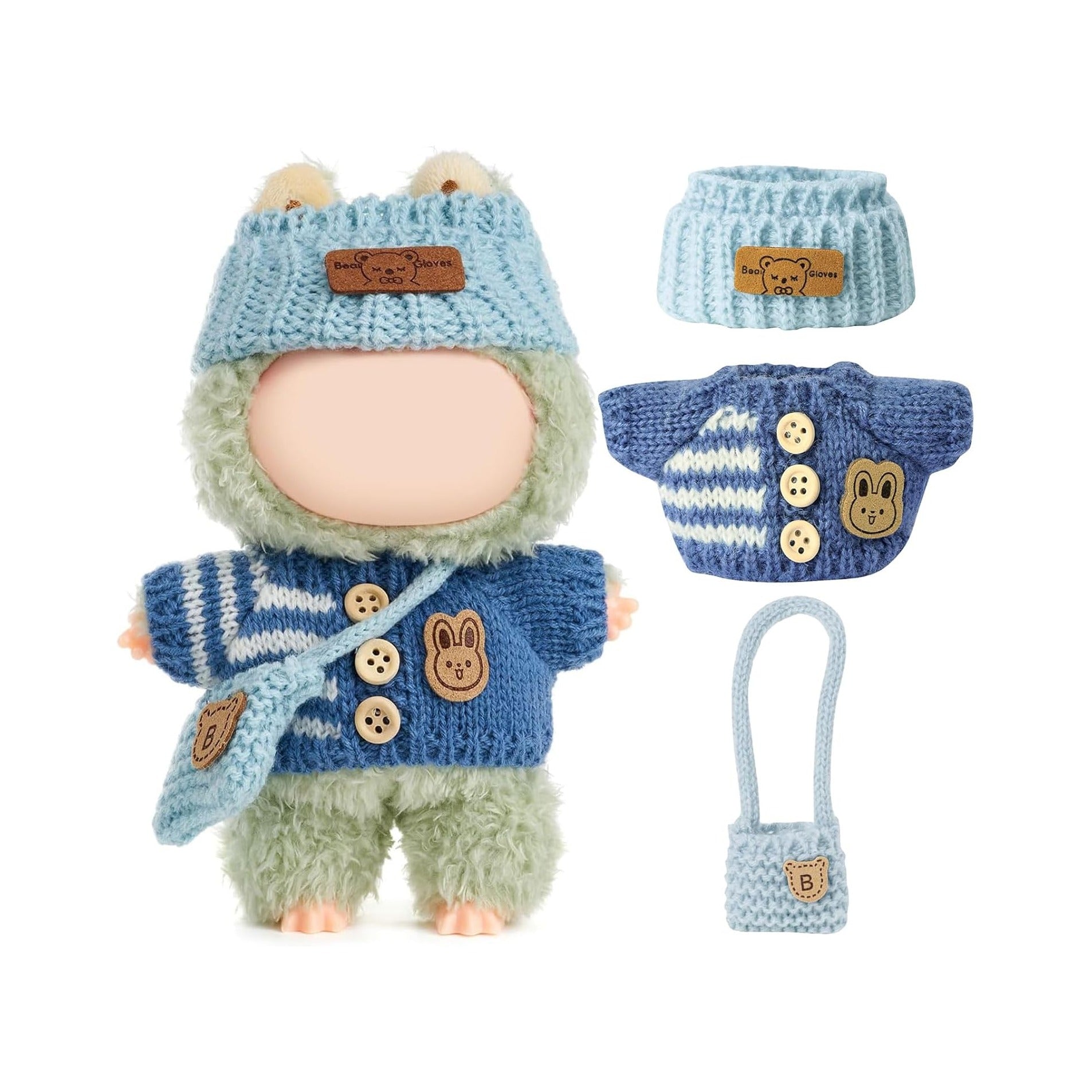 Clothes for LABUBU Doll (NO Doll), Handcrafted Crochet 3-Piece Accessories for LABUBU 17cm Dolls, Premium Outfit - Bunny Sweater + Hat + Bag, Cute Clothes for Dress up Unique Style