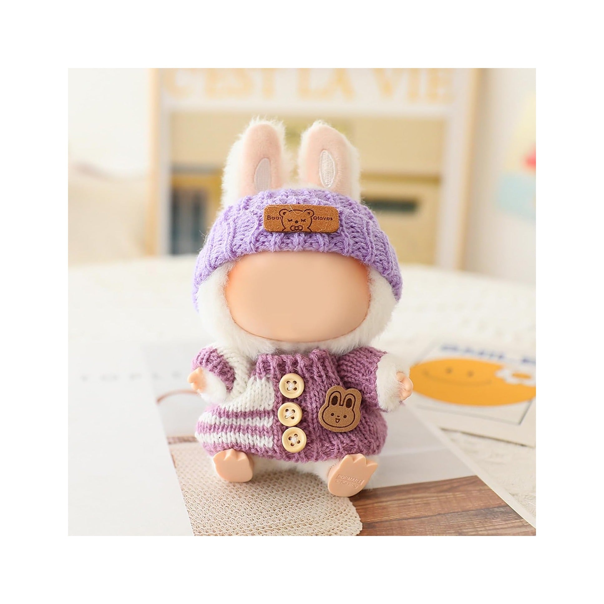 Clothes for LABUBU Doll (NO Doll), Handcrafted Crochet 3-Piece Accessories for LABUBU 17cm Dolls, Premium Outfit - Bunny Sweater + Hat + Bag, Cute Clothes for Dress up Unique Style (Purple)