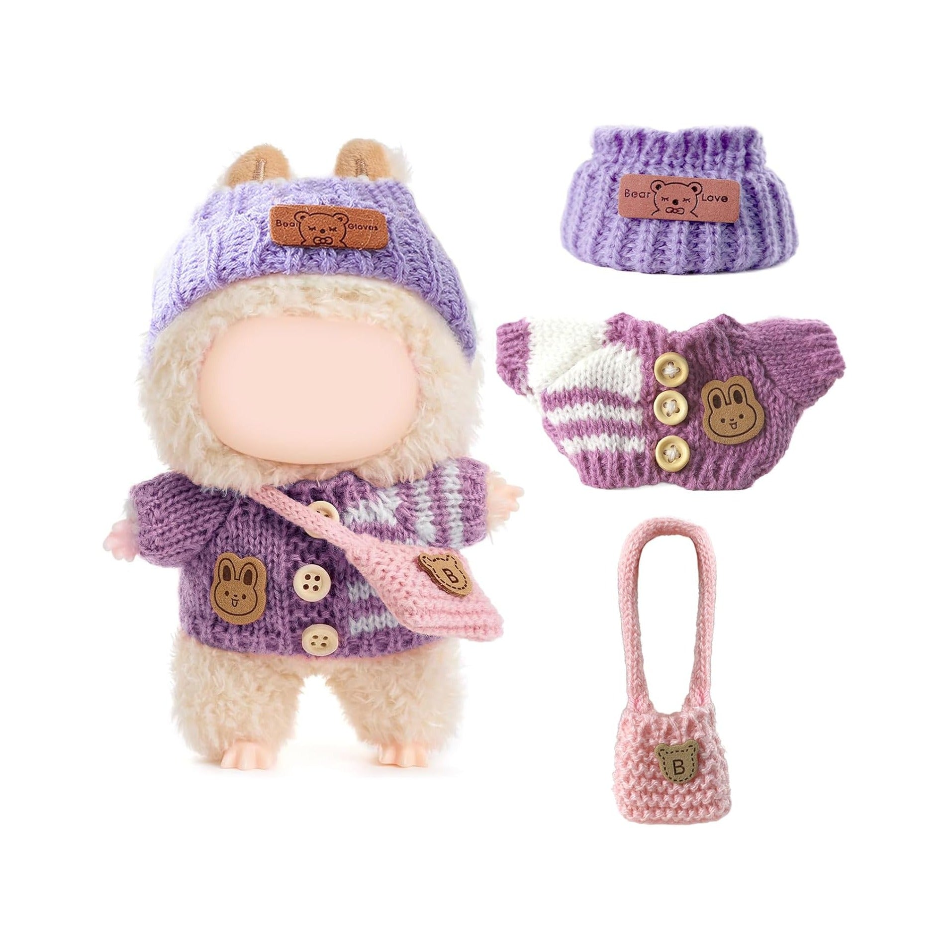 Clothes for LABUBU Doll (NO Doll), Handcrafted Crochet 3-Piece Accessories for LABUBU 17cm Dolls, Premium Outfit - Bunny Sweater + Hat + Bag, Cute Clothes for Dress up Unique Style (Purple)