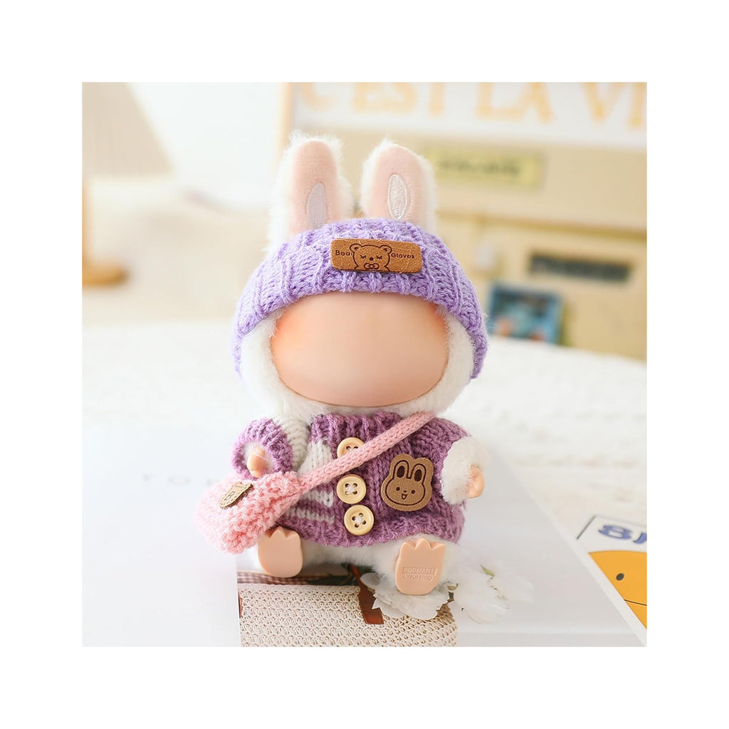 Clothes for LABUBU Doll (NO Doll), Handcrafted Crochet 3-Piece Accessories for LABUBU 17cm Dolls, Premium Outfit - Bunny Sweater + Hat + Bag, Cute Clothes for Dress up Unique Style (Purple)