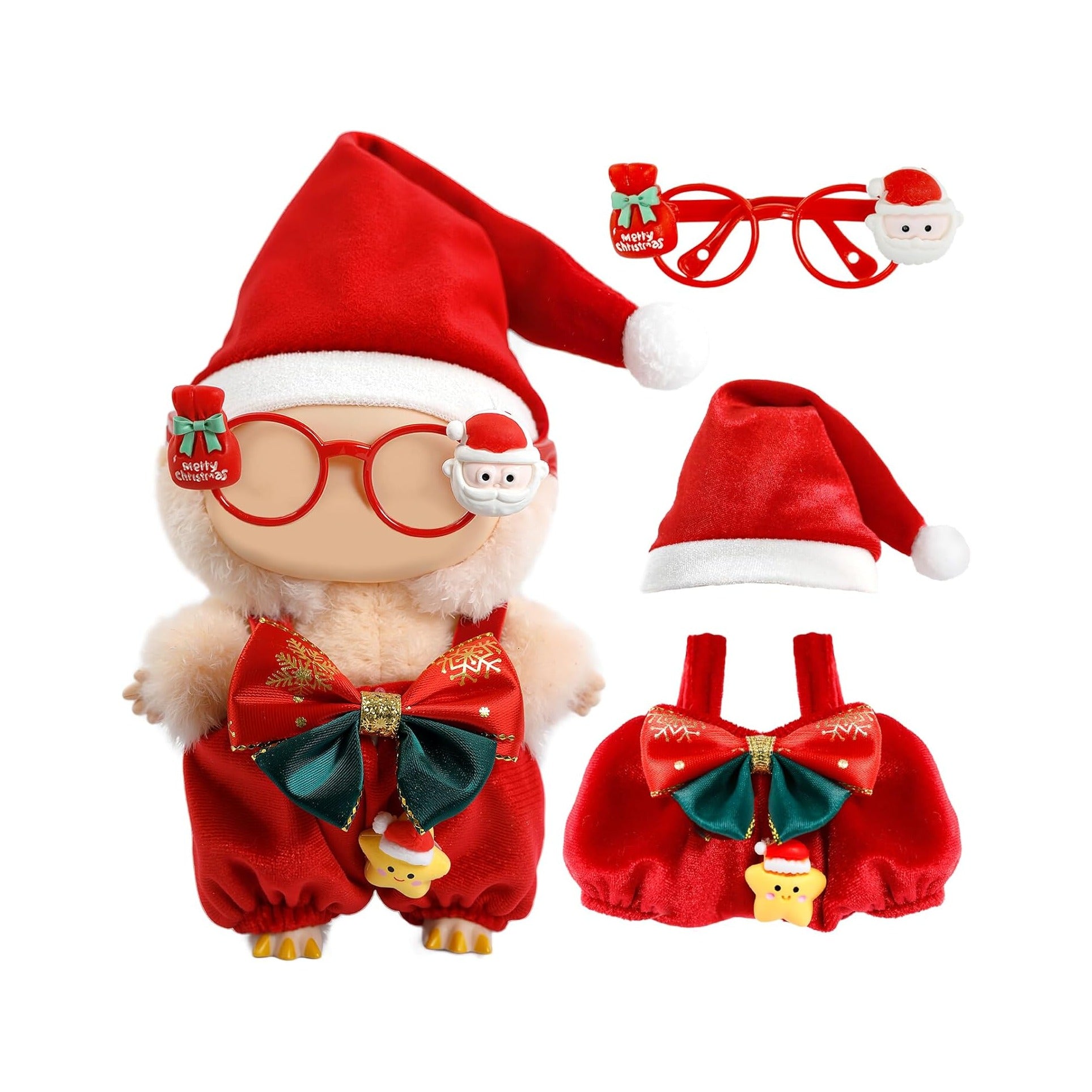 Christmas Clothes for LABUBU Doll (NO Doll), 3-Piece Christmas Overalls Outfits for LABUBU 17cm Dolls, Premium Clothing for LABUBU Unique Dress Up - Christmas Hat + Overalls + Glasses