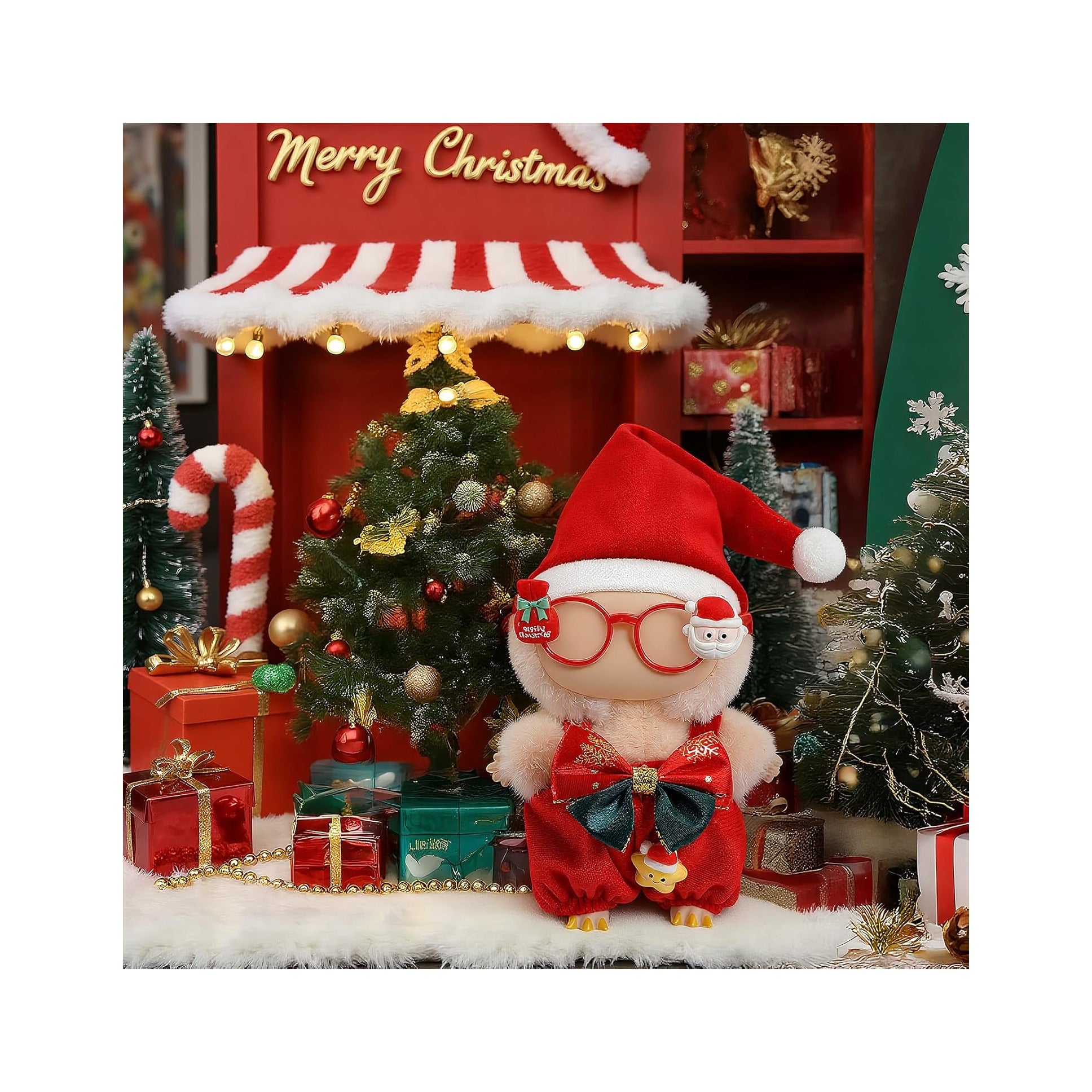 Christmas Clothes for LABUBU Doll (NO Doll), 3-Piece Christmas Overalls Outfits for LABUBU 17cm Dolls, Premium Clothing for LABUBU Unique Dress Up - Christmas Hat + Overalls + Glasses