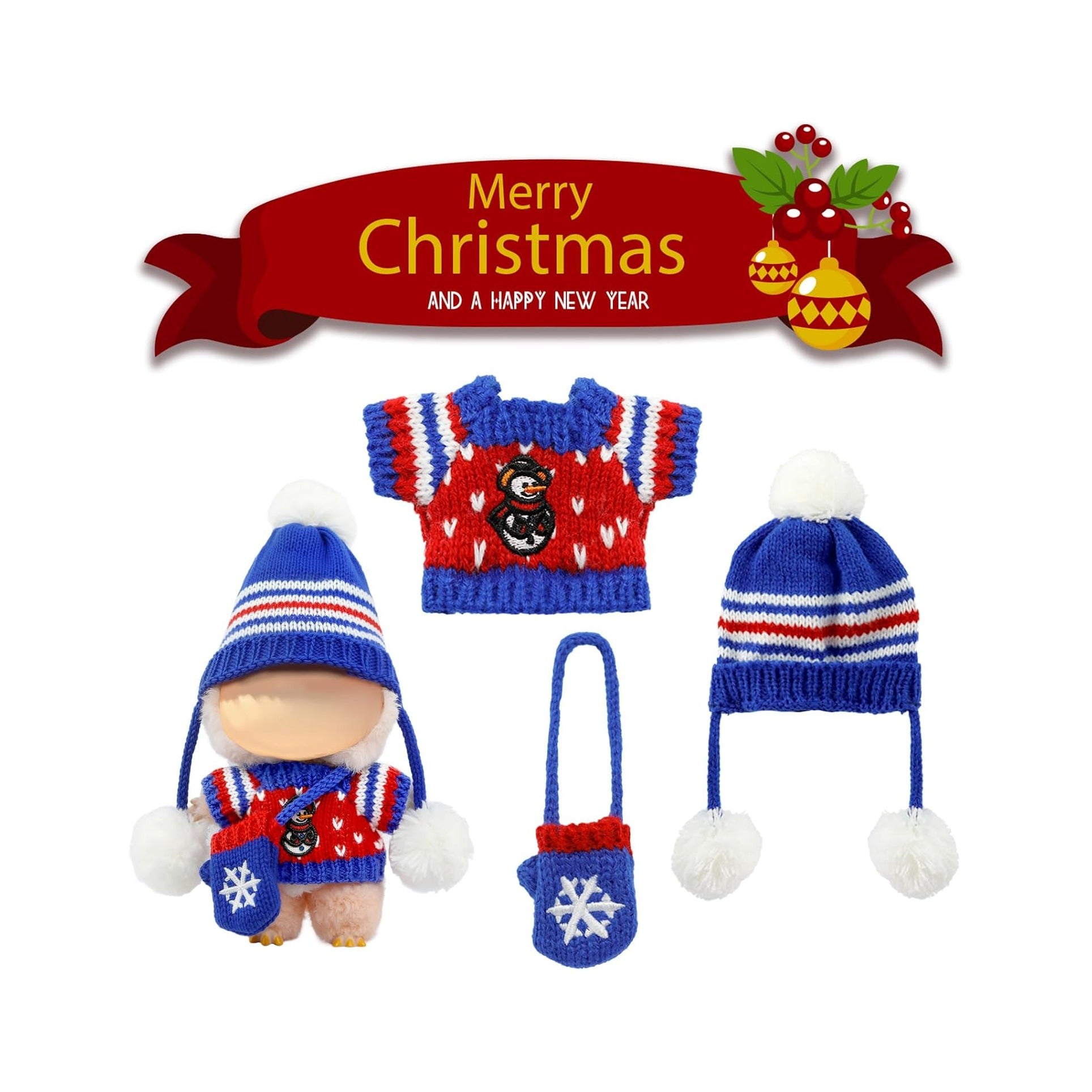 Christmas Clothes for LABUBU Doll (NO Doll), 3-Piece Handcrafted Crochet Christmas Accessories for LABUBU 17cm Dolls, Premium Outfit for LABUBU - Christmas Sweater + Hat + Bag (Blue)
