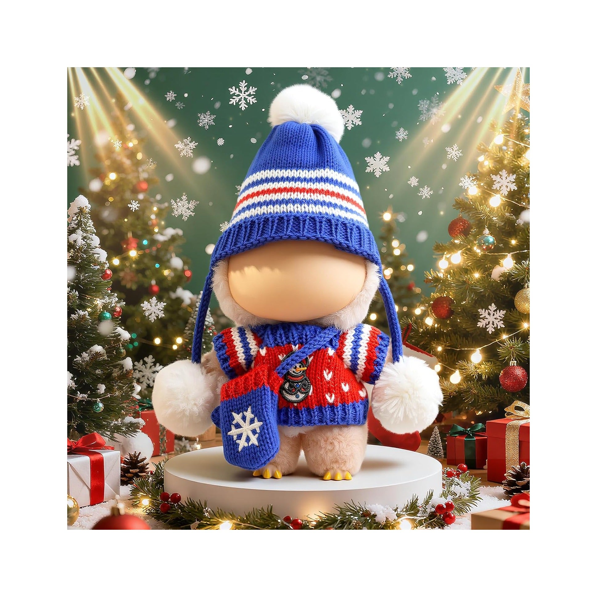 Christmas Clothes for LABUBU Doll (NO Doll), 3-Piece Handcrafted Crochet Christmas Accessories for LABUBU 17cm Dolls, Premium Outfit for LABUBU - Christmas Sweater + Hat + Bag (Blue)