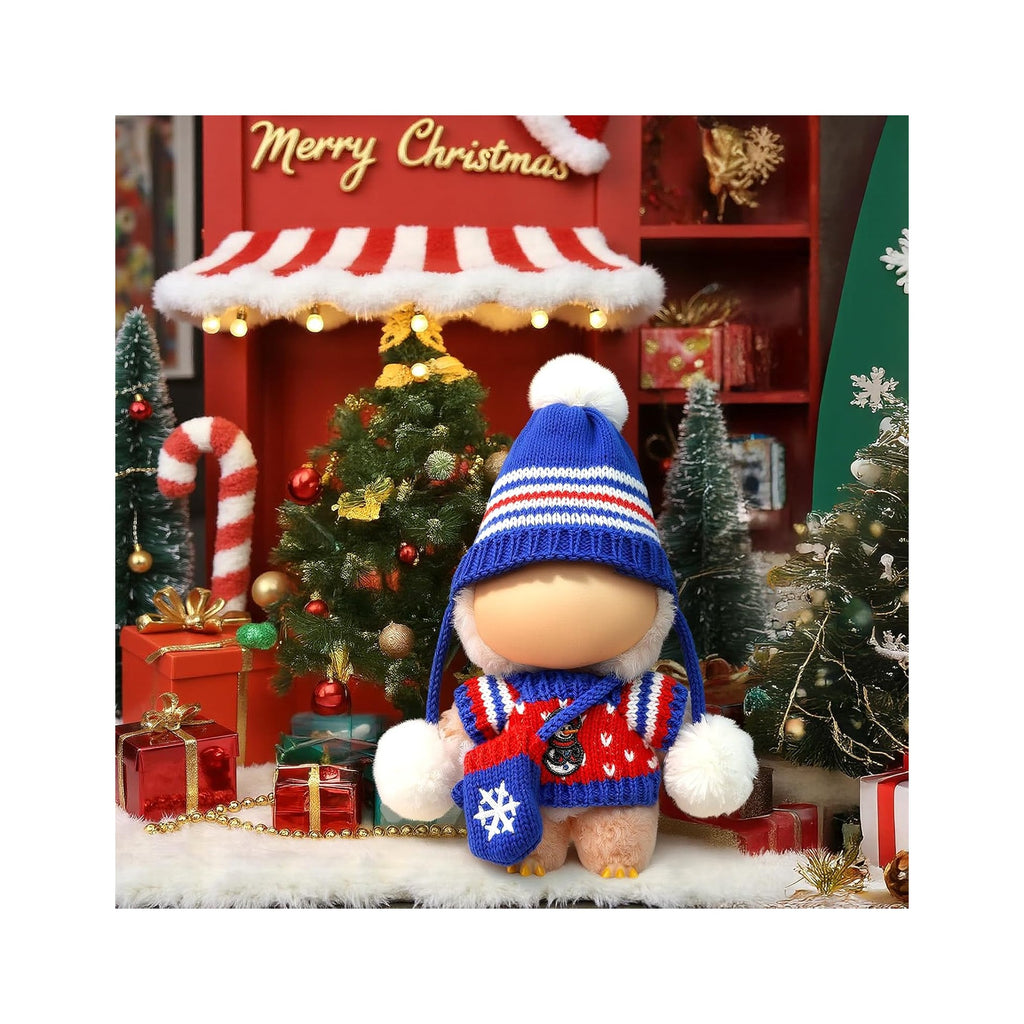 Christmas Clothes for LABUBU Doll (NO Doll), 3-Piece Handcrafted Crochet Christmas Accessories for LABUBU 17cm Dolls, Premium Outfit for LABUBU - Christmas Sweater + Hat + Bag (Blue)