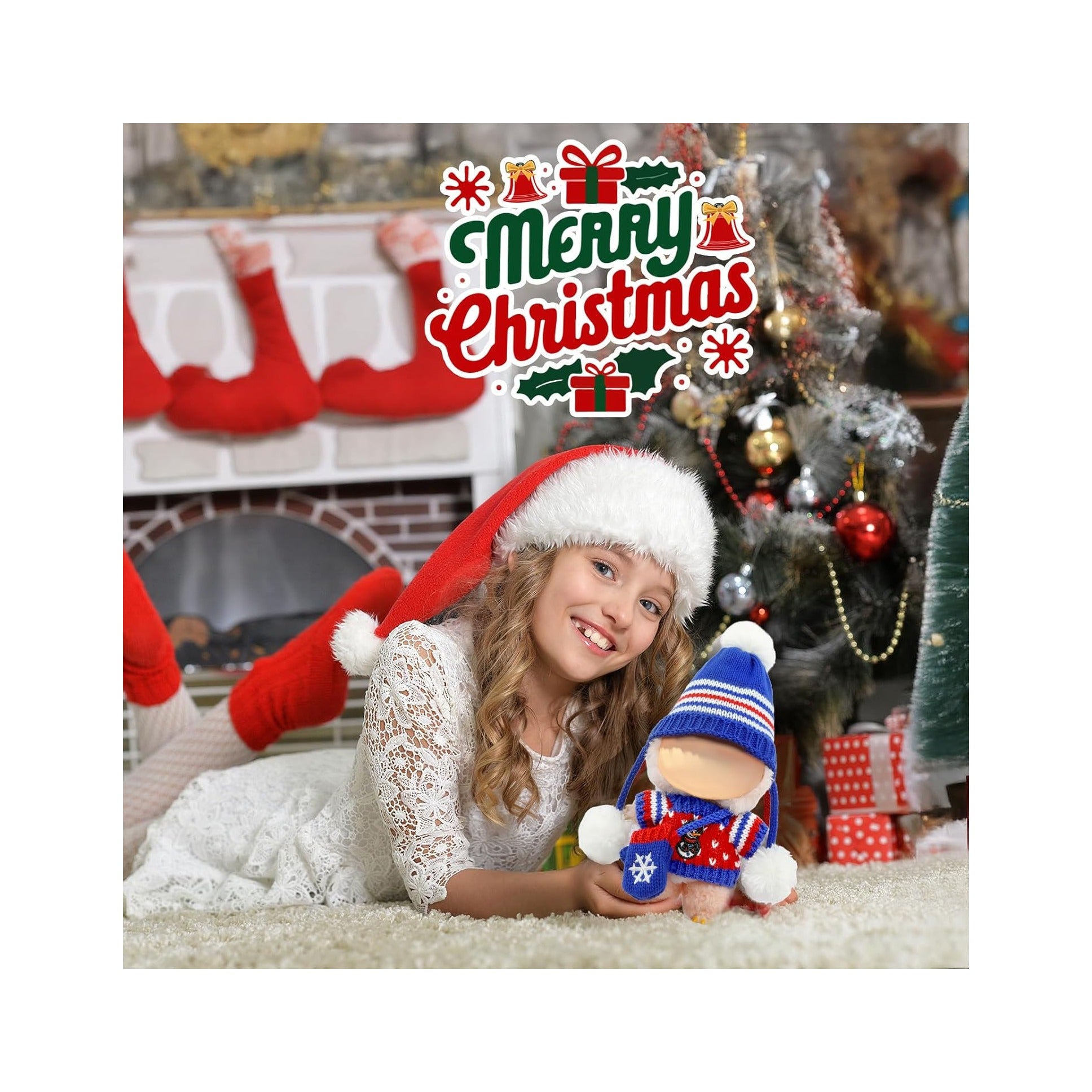 Christmas Clothes for LABUBU Doll (NO Doll), 3-Piece Handcrafted Crochet Christmas Accessories for LABUBU 17cm Dolls, Premium Outfit for LABUBU - Christmas Sweater + Hat + Bag (Blue)