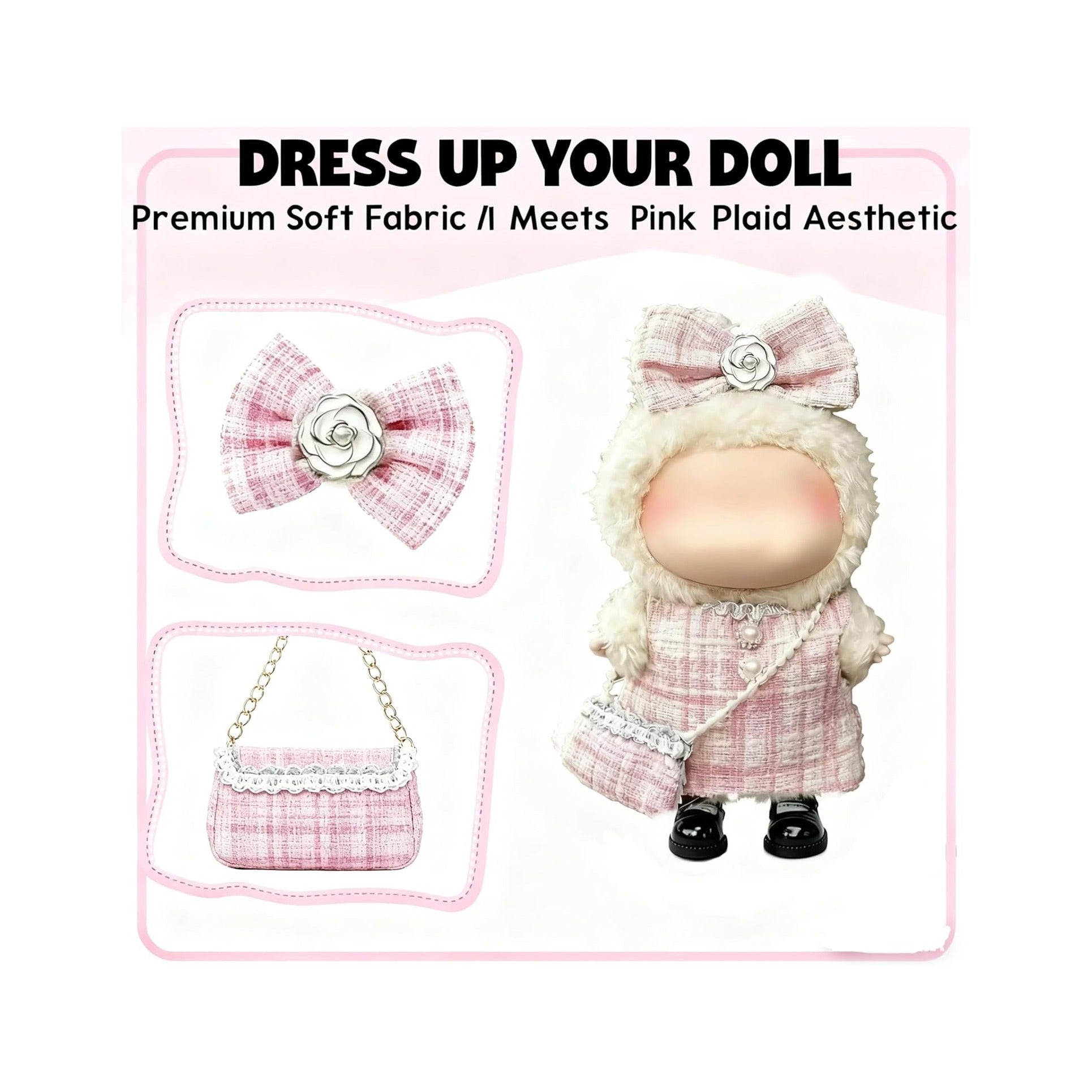 Clothes for LABUBU 17cm Doll (NO Doll)（NO Shoes, Outfit for LABUBU, Dress + Hairpin + Mini Bag Set for LABUBU Dress Up, Fashion and Premium Dolls Accessories for LABUBU