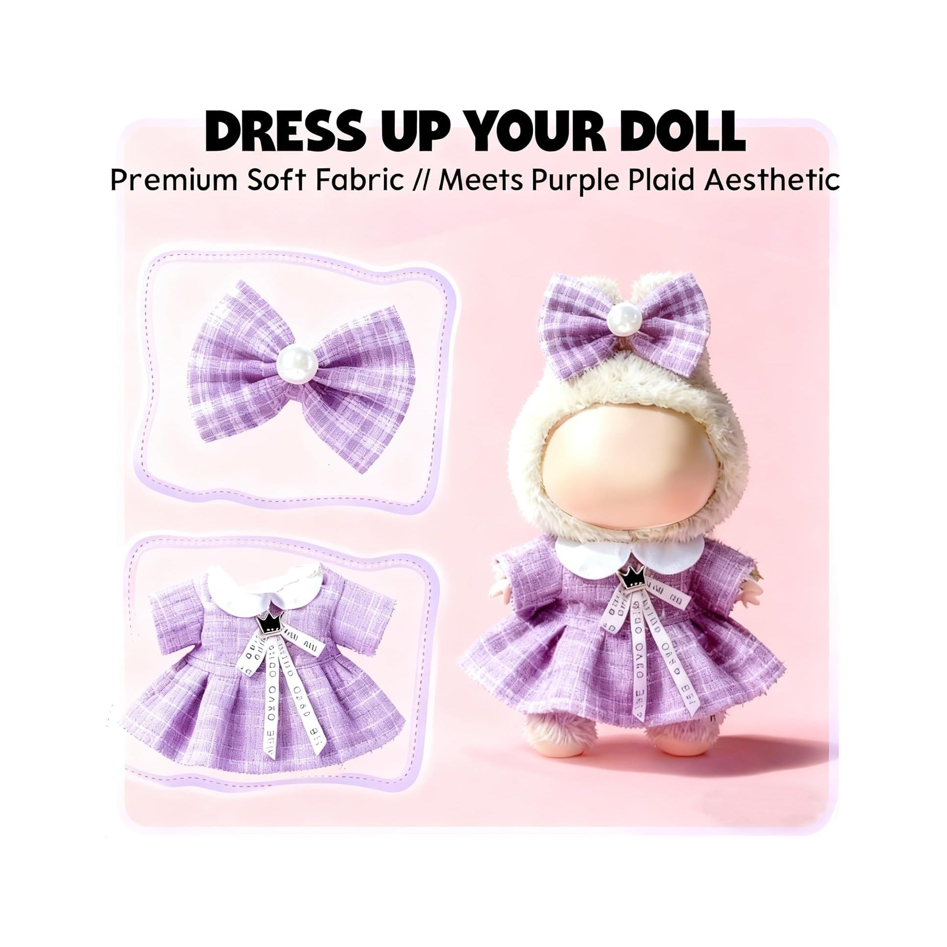 Clothes for LABUBU 17cm Doll (NO Doll), Outfit for LABUBU, Dress and Hairpin Set for LABUBU Dress Up, Fashion and Premium Dolls Accessories for LABUBU