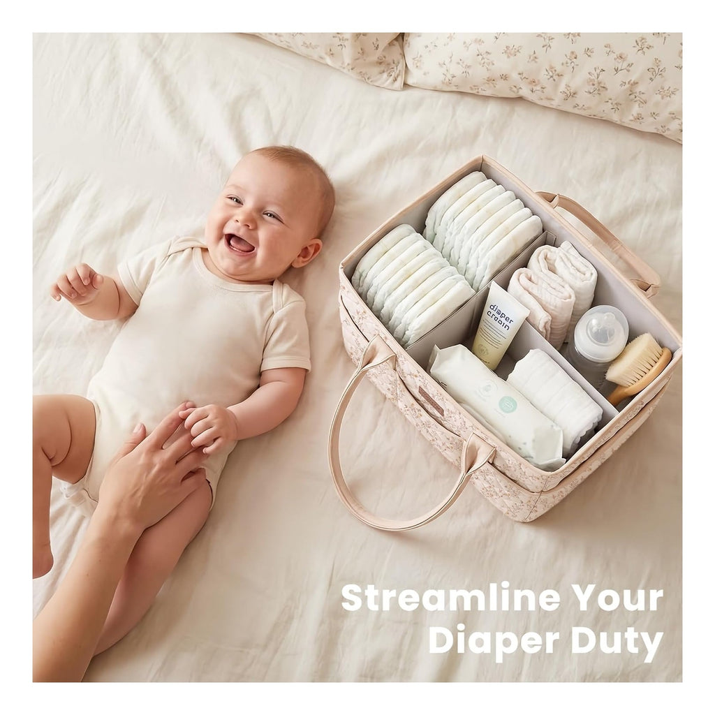 Baby Diaper Caddy Organizer, Floral Design with PU Leather Handles