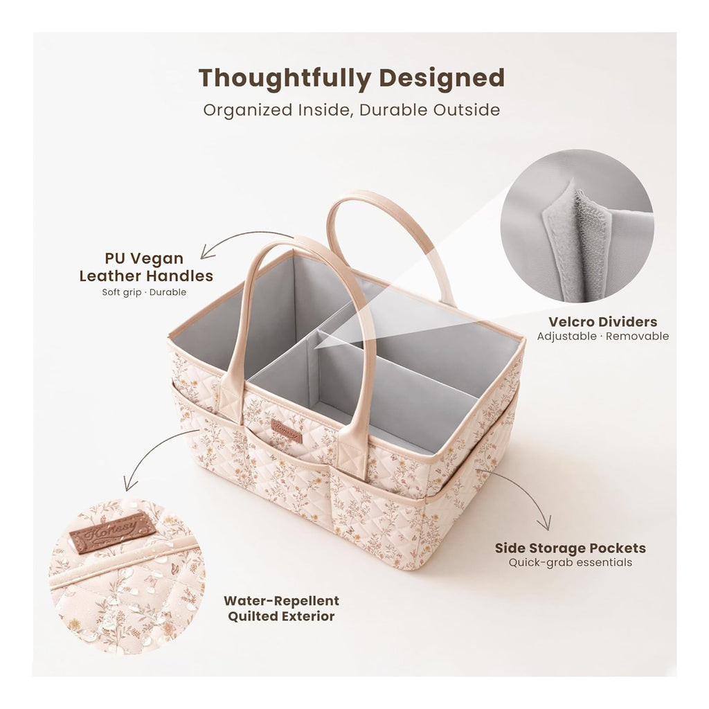Baby Diaper Caddy Organizer, Floral Design with PU Leather Handles