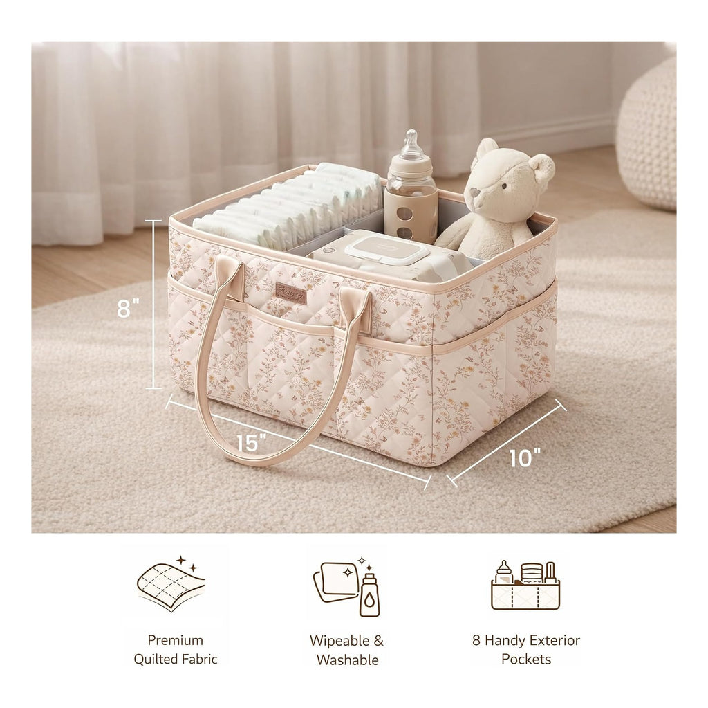 Baby Diaper Caddy Organizer, Floral Design with PU Leather Handles