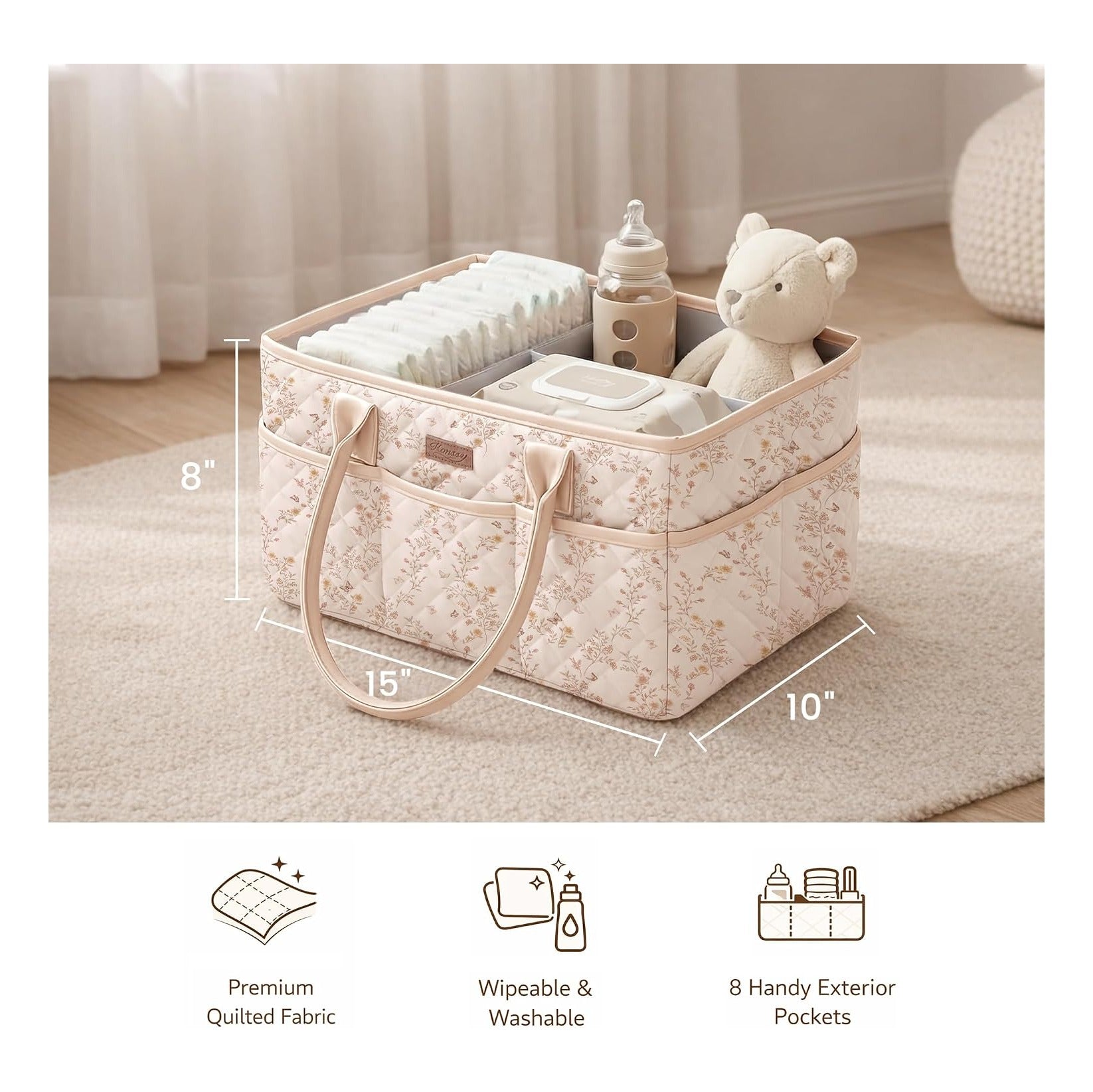 Baby Diaper Caddy Organizer, Floral Design with PU Leather Handles
