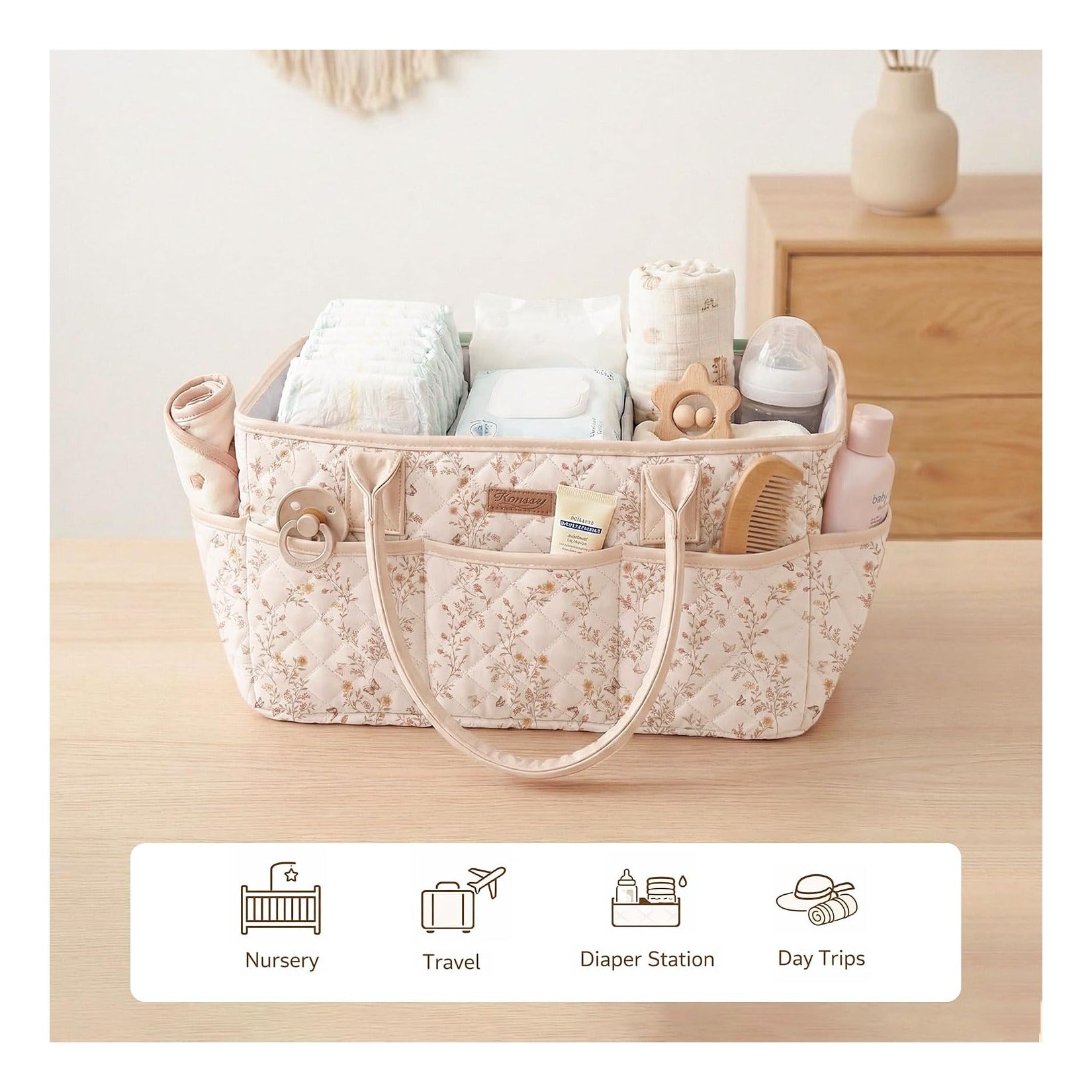 Baby Diaper Caddy Organizer, Floral Design with PU Leather Handles