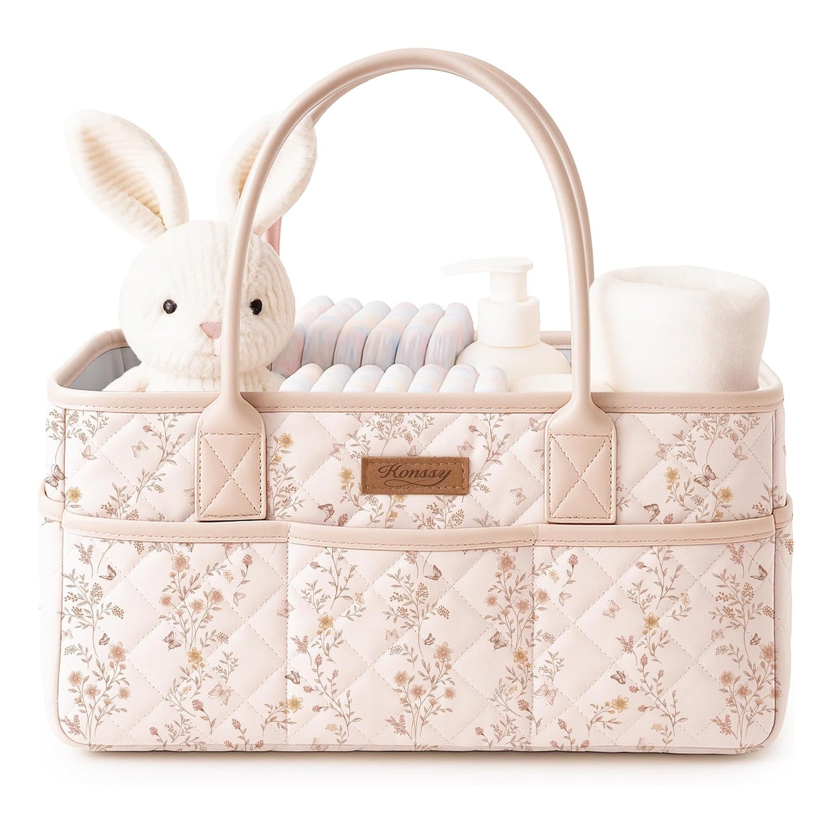 Baby Diaper Caddy Organizer, Floral Design with PU Leather Handles