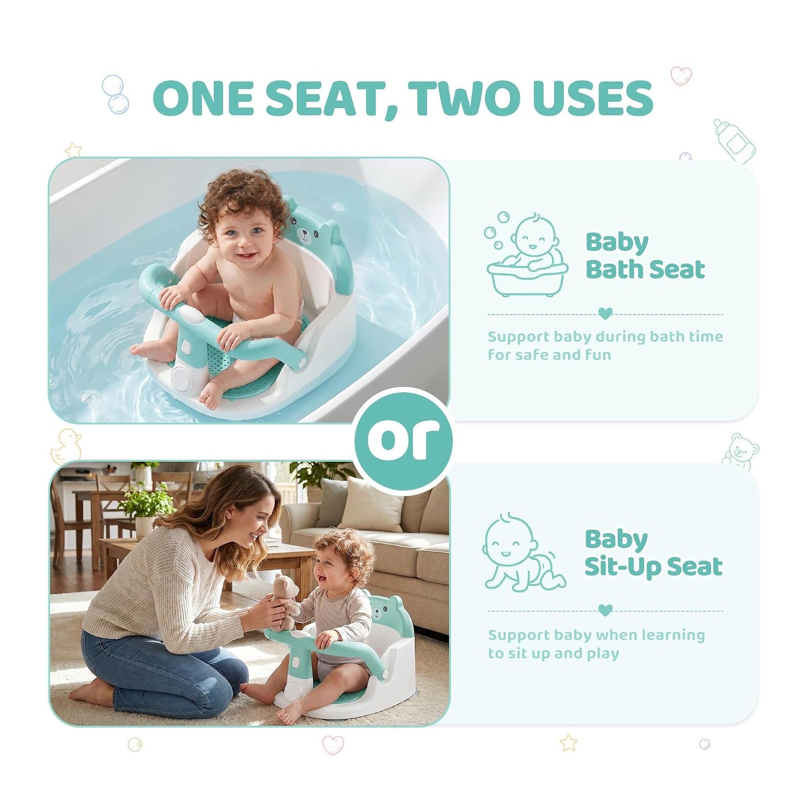Baby Bath Seat for Babies 6 Months & Up, Toddler Bathtub Chair, Cyan