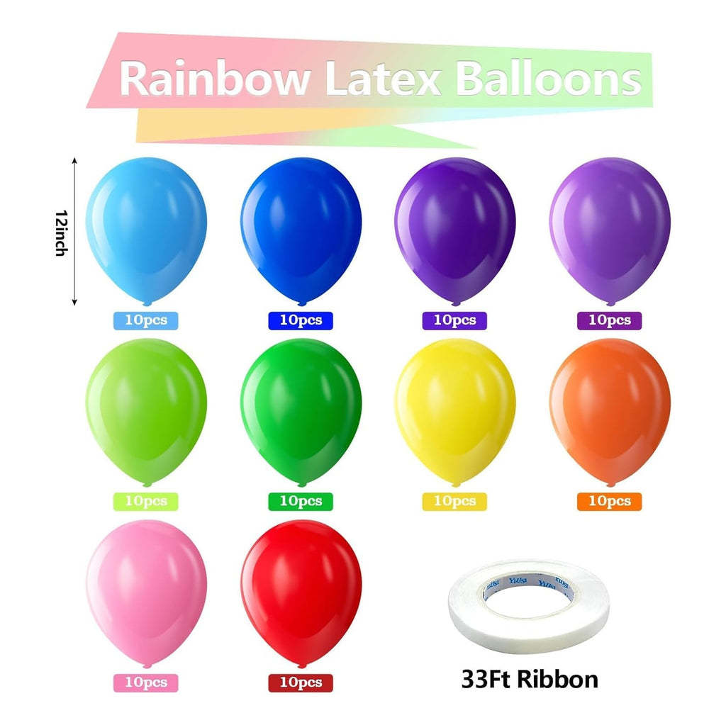 Assorted Latex Rainbow Balloons 100 Pack 12 inch